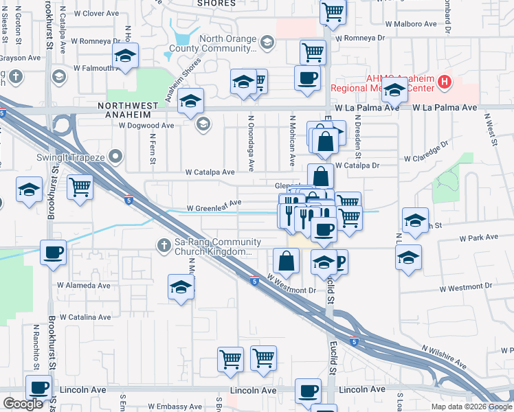 map of restaurants, bars, coffee shops, grocery stores, and more near 1810 West Greenleaf Avenue in Anaheim