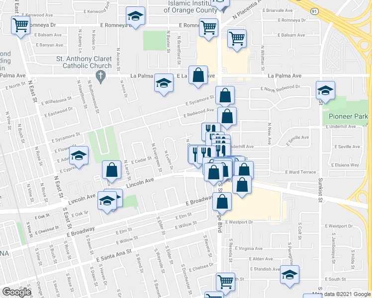 map of restaurants, bars, coffee shops, grocery stores, and more near 207 North Coffman Street in Anaheim