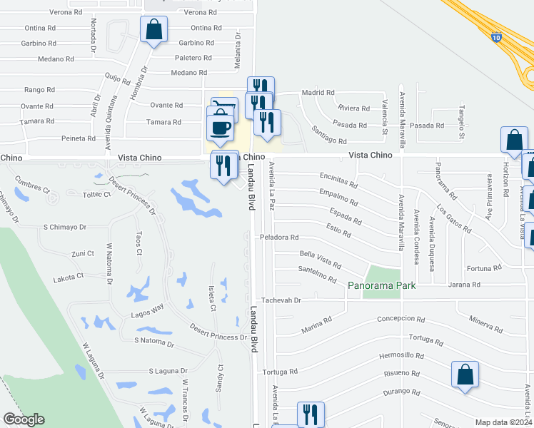 map of restaurants, bars, coffee shops, grocery stores, and more near 28421 Avenida La Paz in Cathedral City