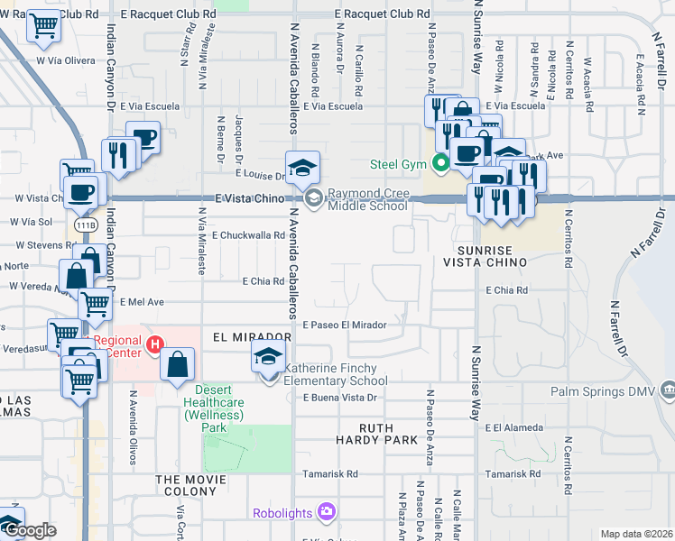 map of restaurants, bars, coffee shops, grocery stores, and more near 1055 East Diana Circle in Palm Springs