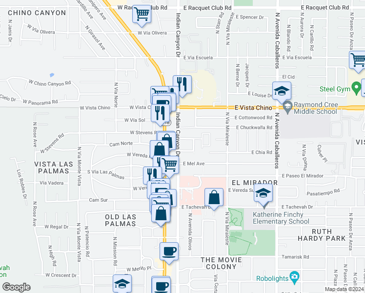 map of restaurants, bars, coffee shops, grocery stores, and more near in Palm Springs