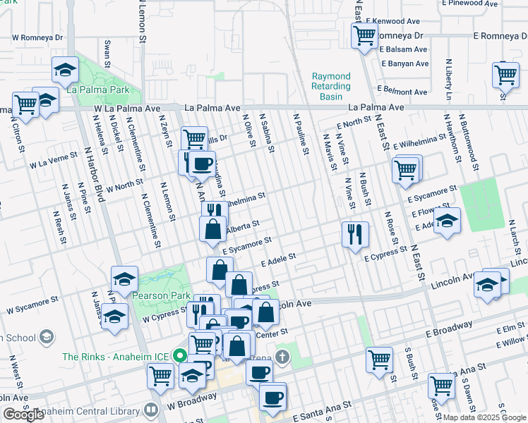 map of restaurants, bars, coffee shops, grocery stores, and more near 324 East Alberta Street in Anaheim
