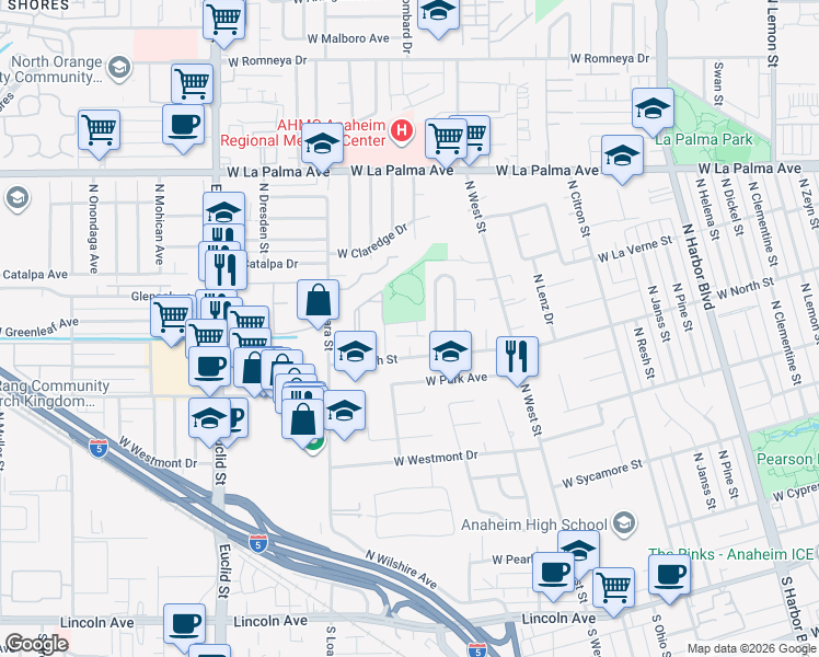 map of restaurants, bars, coffee shops, grocery stores, and more near 811 North Justin Place in Anaheim