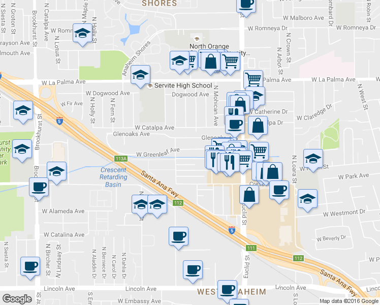 map of restaurants, bars, coffee shops, grocery stores, and more near 1821 West Gramercy Avenue in Anaheim