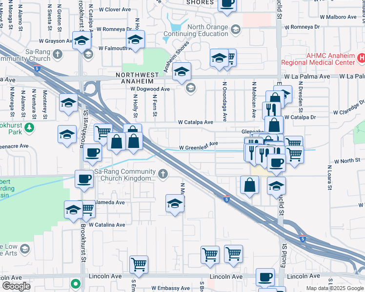 map of restaurants, bars, coffee shops, grocery stores, and more near 629 North Chippewa Avenue in Anaheim