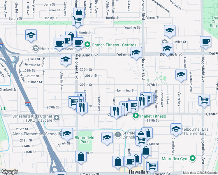 map of restaurants, bars, coffee shops, grocery stores, and more near 20733 Elaine Avenue in Lakewood