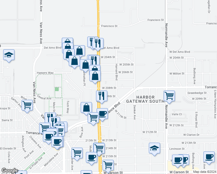 map of restaurants, bars, coffee shops, grocery stores, and more near 1636 West 208th Street in Torrance