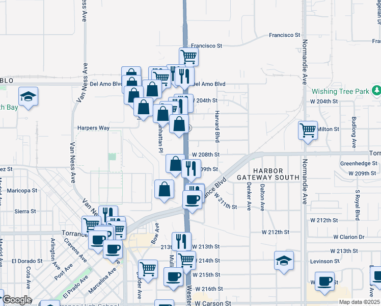 map of restaurants, bars, coffee shops, grocery stores, and more near 20775 California 213 in Torrance