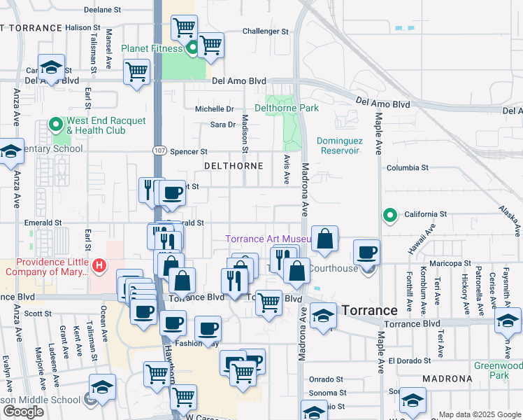 map of restaurants, bars, coffee shops, grocery stores, and more near 3455 Emerald Street in Torrance