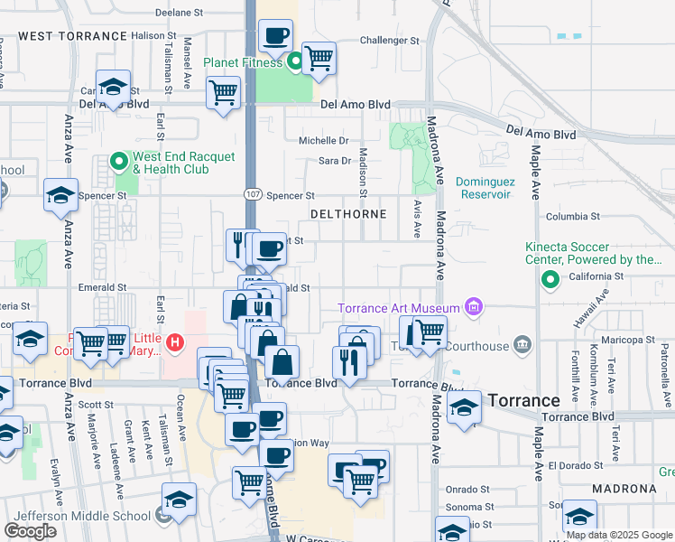 map of restaurants, bars, coffee shops, grocery stores, and more near 3621 Emerald Street in Torrance