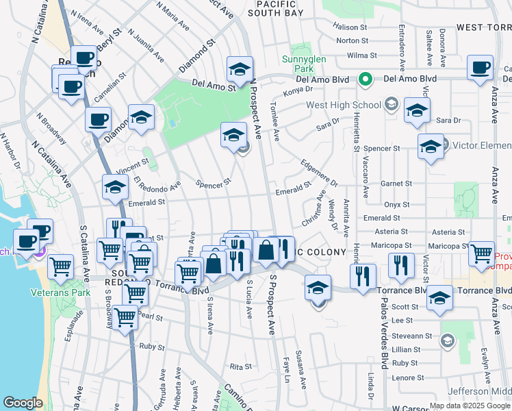 map of restaurants, bars, coffee shops, grocery stores, and more near 115 South Prospect Avenue in Redondo Beach