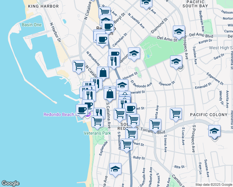 map of restaurants, bars, coffee shops, grocery stores, and more near 111 South Broadway in Redondo Beach