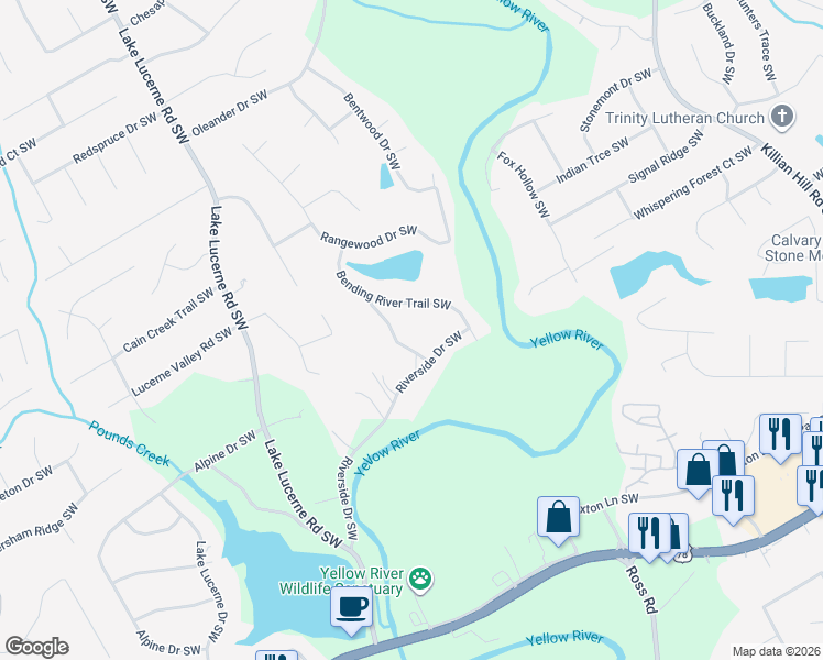 map of restaurants, bars, coffee shops, grocery stores, and more near 4385 Riverside Lane in Lilburn