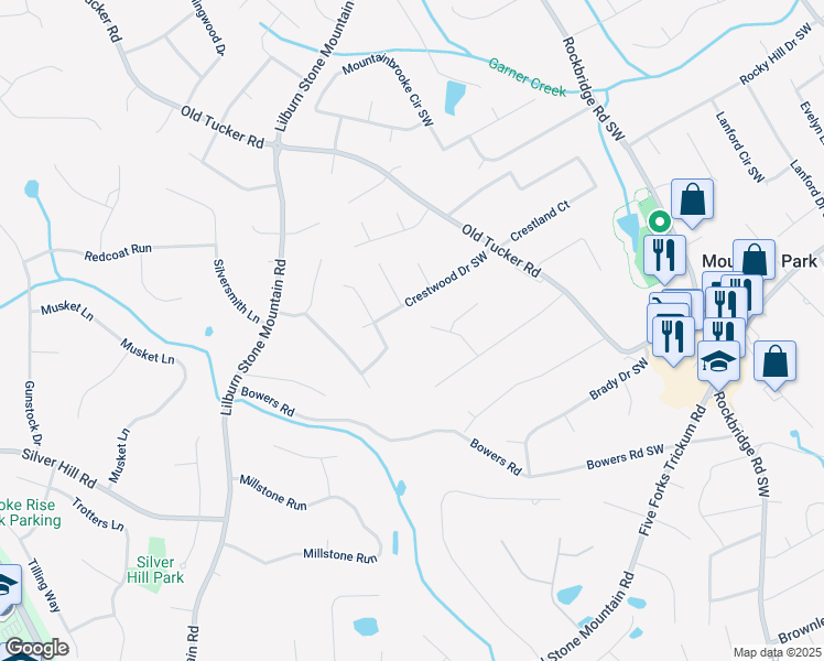 map of restaurants, bars, coffee shops, grocery stores, and more near 1041 Mountain Woods Court Southwest in Stone Mountain