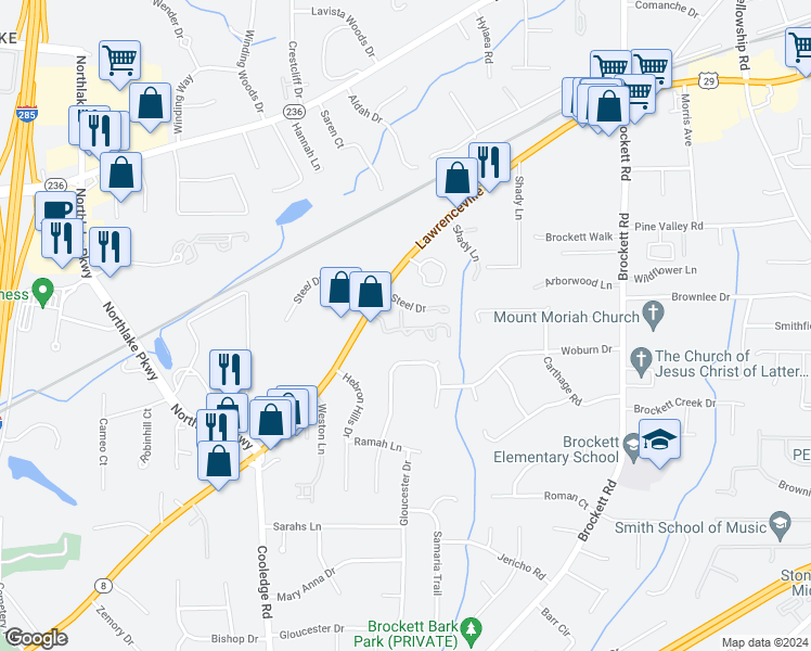 map of restaurants, bars, coffee shops, grocery stores, and more near 1972 Walton Woods Circle in Tucker