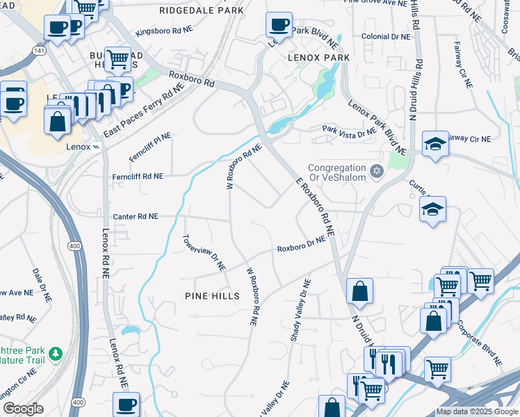 map of restaurants, bars, coffee shops, grocery stores, and more near 1215 Woods Circle Northeast in Atlanta