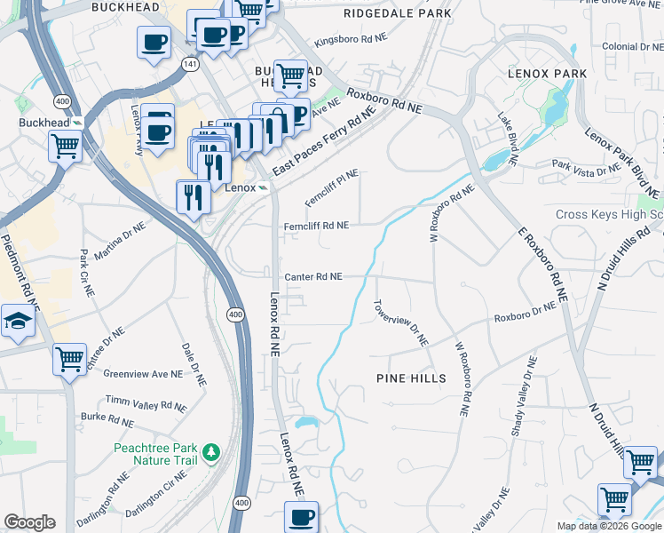 map of restaurants, bars, coffee shops, grocery stores, and more near 983 Canter Road Northeast in Atlanta