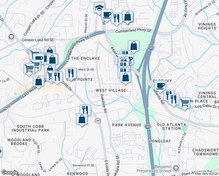 map of restaurants, bars, coffee shops, grocery stores, and more near 2118 West Village Lane in Smyrna