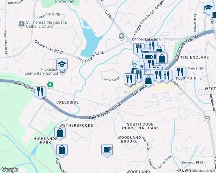 map of restaurants, bars, coffee shops, grocery stores, and more near 4606 Wehunt Commons Drive in Smyrna