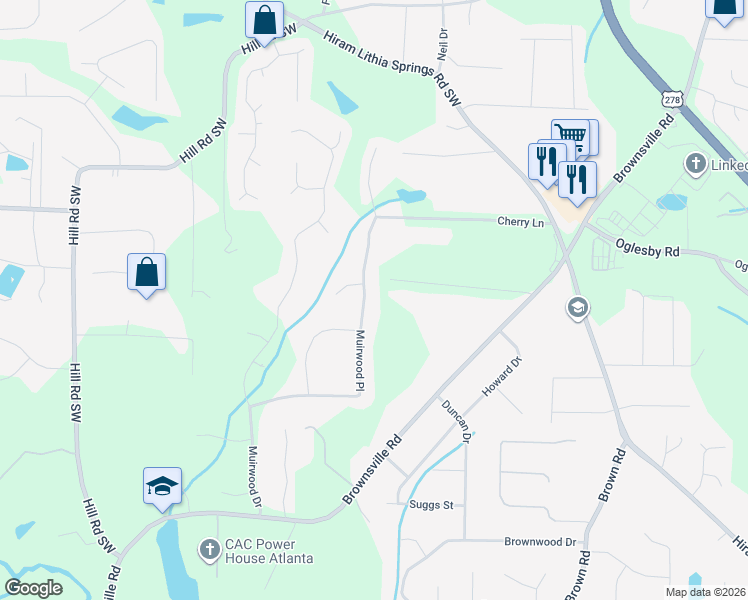 map of restaurants, bars, coffee shops, grocery stores, and more near 5348 Muirwood Place in Powder Springs
