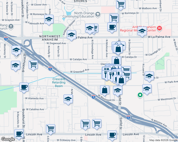 map of restaurants, bars, coffee shops, grocery stores, and more near 1821 West Gramercy Avenue in Anaheim