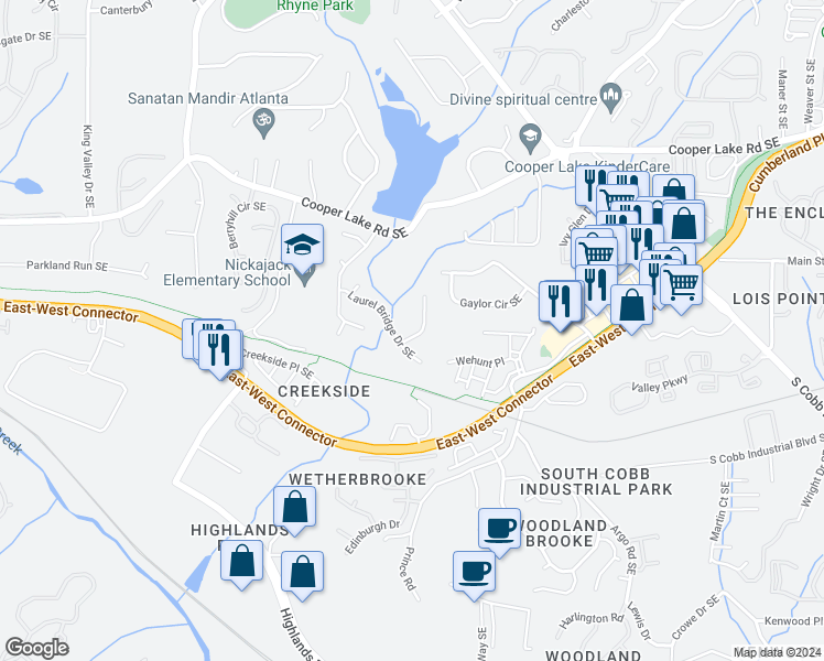 map of restaurants, bars, coffee shops, grocery stores, and more near 5196 Laurel Bridge Court Southeast in Smyrna