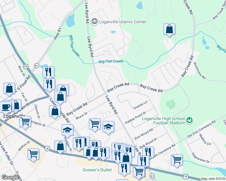 map of restaurants, bars, coffee shops, grocery stores, and more near 403 Bay Creek Road in Loganville
