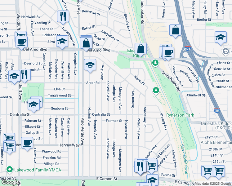 map of restaurants, bars, coffee shops, grocery stores, and more near 4622 Ladoga Avenue in Lakewood