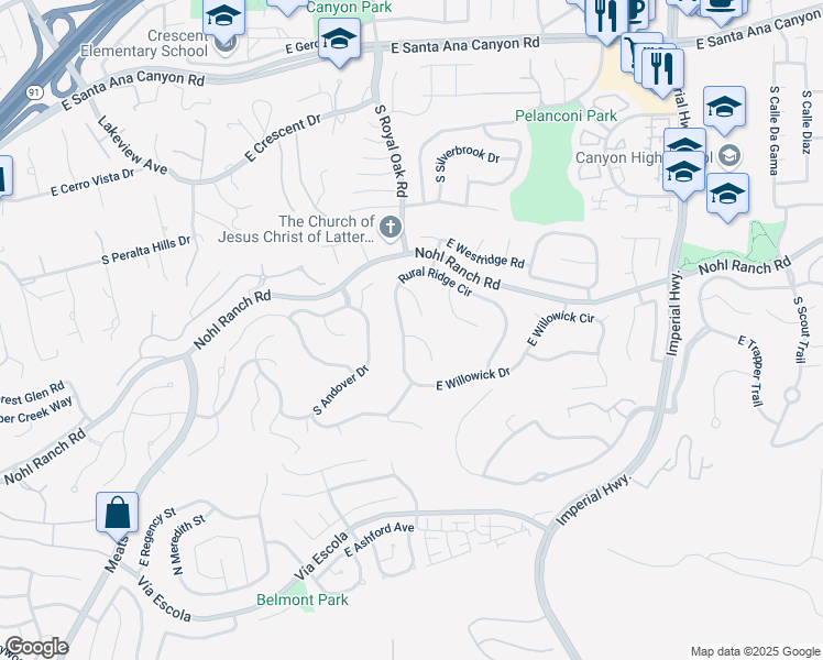 map of restaurants, bars, coffee shops, grocery stores, and more near 5286 Rural Ridge Circle in Anaheim