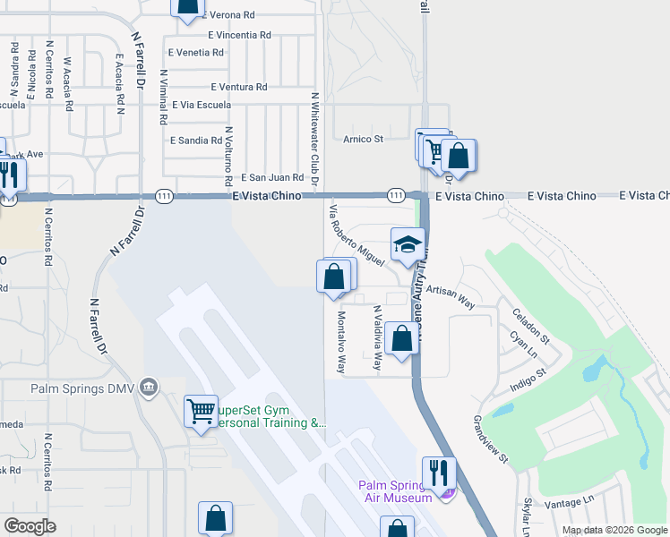 map of restaurants, bars, coffee shops, grocery stores, and more near 3370 East Avenue Fey Norte in Palm Springs