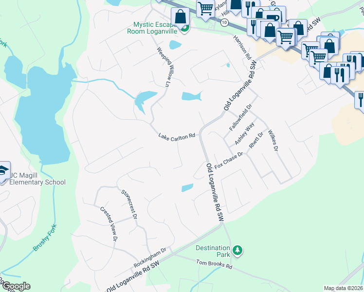 map of restaurants, bars, coffee shops, grocery stores, and more near 3980 Hogans Mill Lane in Loganville