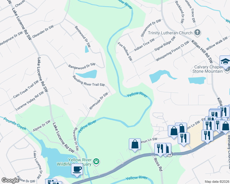map of restaurants, bars, coffee shops, grocery stores, and more near 4255 Bending River Trail Southwest in Lilburn