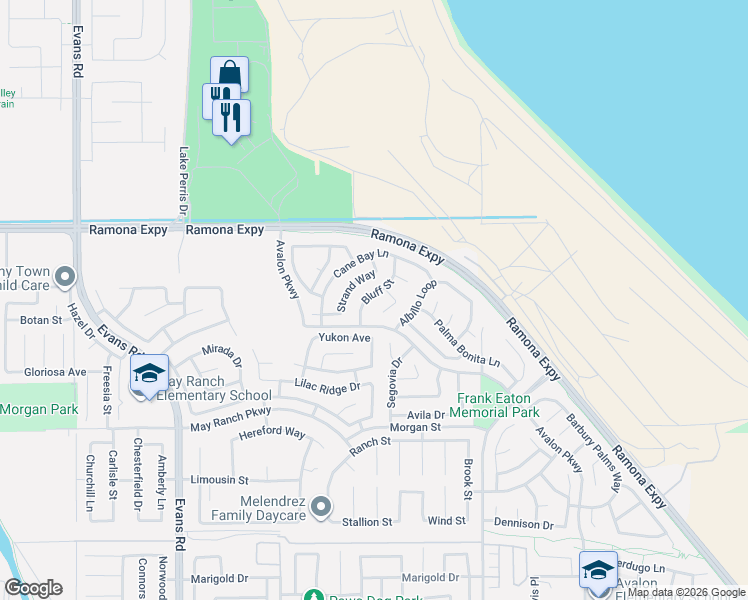 map of restaurants, bars, coffee shops, grocery stores, and more near 3857 Bluff Street in Perris