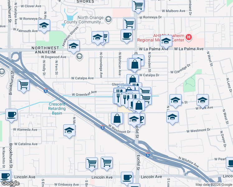map of restaurants, bars, coffee shops, grocery stores, and more near 1800 West Gramercy Avenue in Anaheim