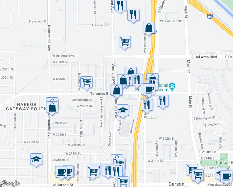 map of restaurants, bars, coffee shops, grocery stores, and more near 1259 West Torrance Boulevard in Torrance