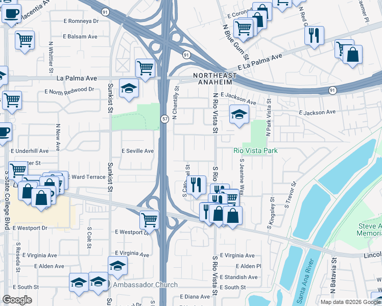 map of restaurants, bars, coffee shops, grocery stores, and more near 203 North Royal Place in Anaheim