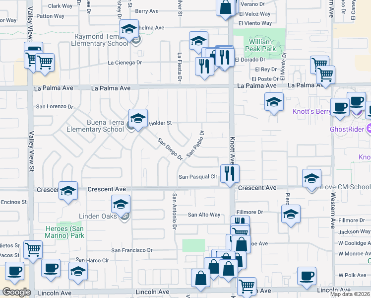 map of restaurants, bars, coffee shops, grocery stores, and more near 8291 San Helice Circle in Buena Park