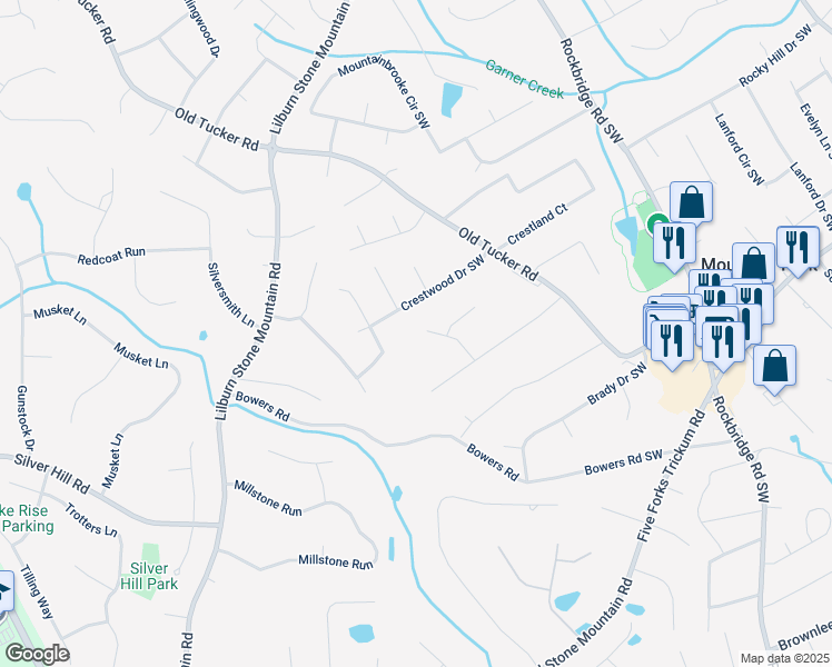 map of restaurants, bars, coffee shops, grocery stores, and more near 1041 Mountain Woods Court Southwest in Stone Mountain