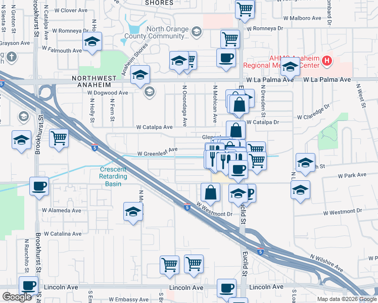 map of restaurants, bars, coffee shops, grocery stores, and more near 1810 West Greenleaf Avenue in Anaheim