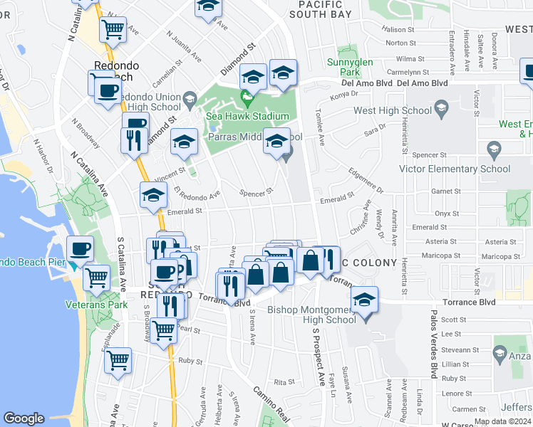 map of restaurants, bars, coffee shops, grocery stores, and more near 105 South Juanita Avenue in Redondo Beach