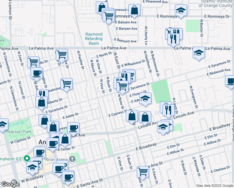 map of restaurants, bars, coffee shops, grocery stores, and more near 427 North Rose Street in Anaheim