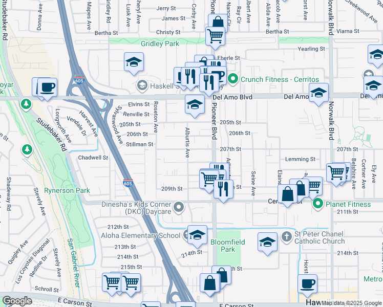 map of restaurants, bars, coffee shops, grocery stores, and more near 11659 208th Street in Lakewood