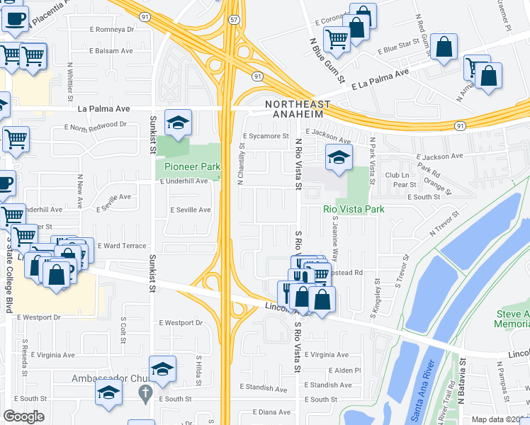 map of restaurants, bars, coffee shops, grocery stores, and more near 203 North Royal Place in Anaheim