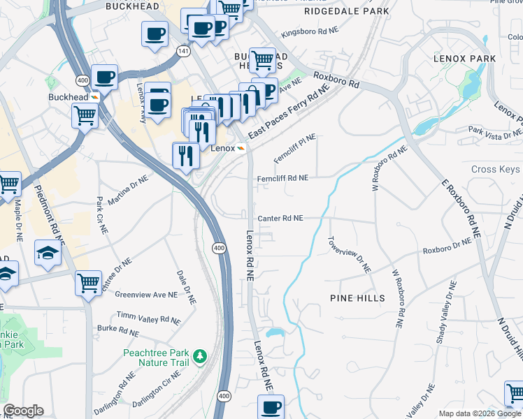 map of restaurants, bars, coffee shops, grocery stores, and more near 3203 Lenox Road Northeast in Atlanta