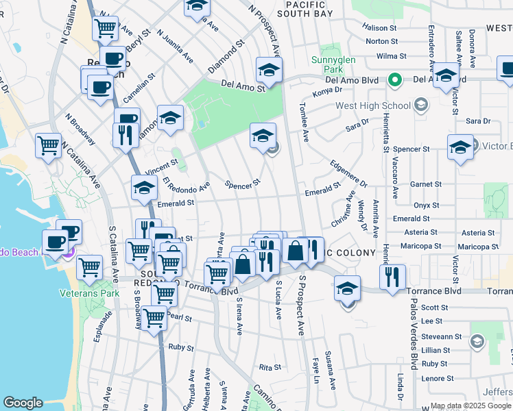 map of restaurants, bars, coffee shops, grocery stores, and more near 105 South Juanita Avenue in Redondo Beach
