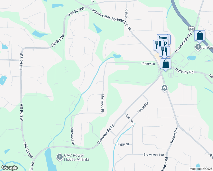map of restaurants, bars, coffee shops, grocery stores, and more near 5348 Muirwood Place in Powder Springs