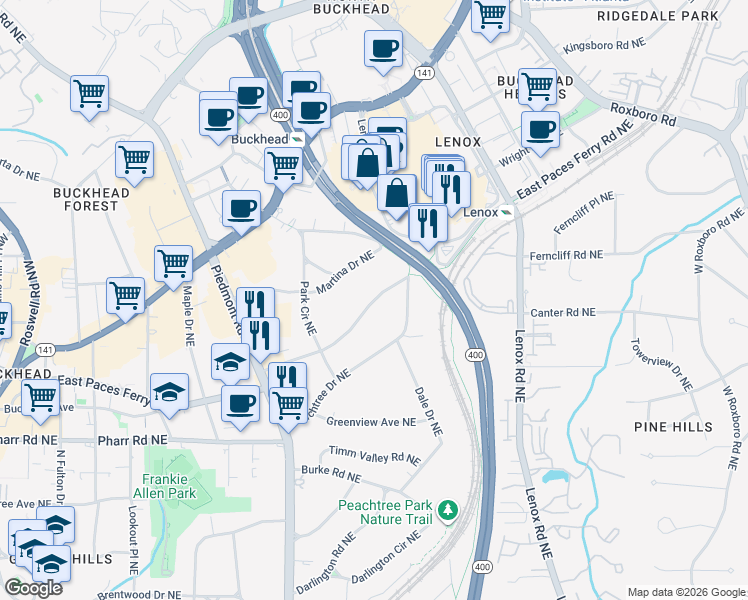 map of restaurants, bars, coffee shops, grocery stores, and more near East Paces Ferry Road Northeast in Atlanta