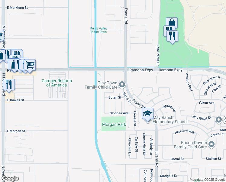 map of restaurants, bars, coffee shops, grocery stores, and more near 576 Blackberry Drive in Perris