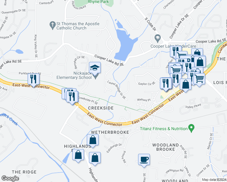 map of restaurants, bars, coffee shops, grocery stores, and more near 5057 Laurel Springs Way Southeast in Smyrna