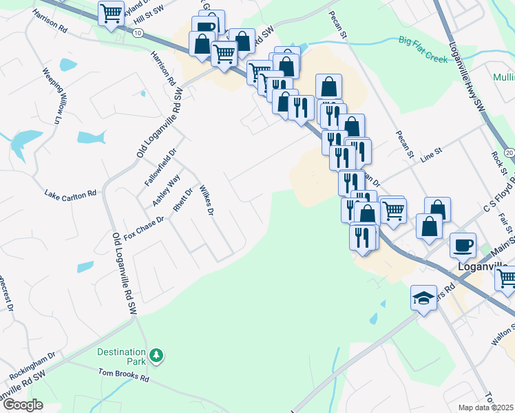 map of restaurants, bars, coffee shops, grocery stores, and more near 4130 Alexis Court in Loganville